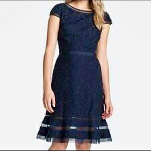 Adriana Papell Navy Lace Dress with Sheer Panels onTrumpet Skirt & Collar